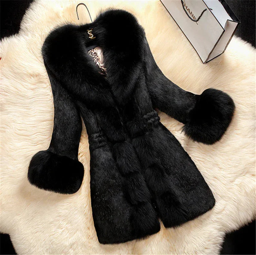 High-end Female Rabbit Fur Coat In The Long Section Of The Oversized Fox Fur Collar Coat New Fur - DanaFashionstore