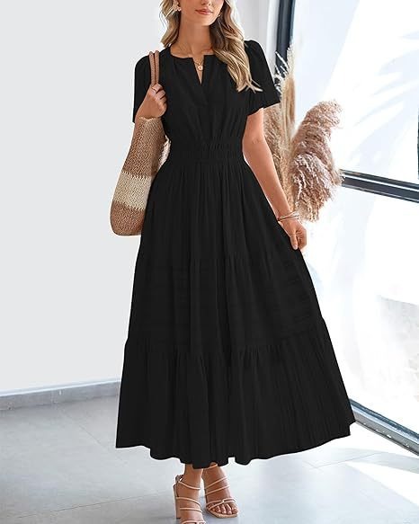 Fashion V-neck Pleated Puff Sleeve Layered Large Swing Dress
