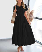 Fashion V-neck Pleated Puff Sleeve Layered Large Swing Dress