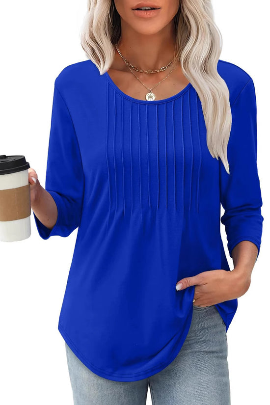Women's Long Sleeve Top Fashion Casual Pleated Low Round Neck