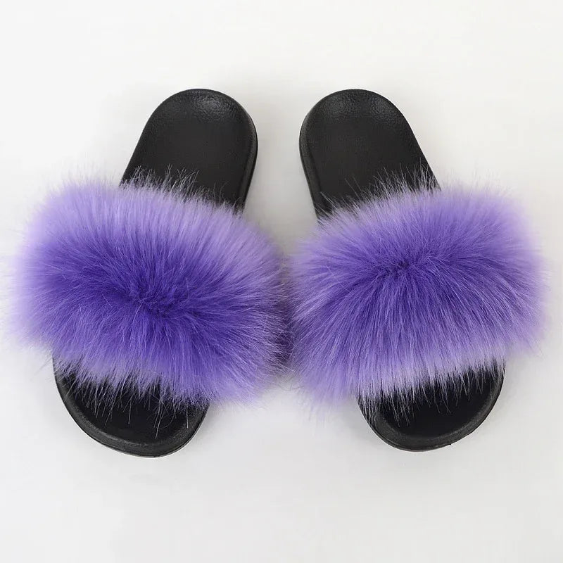 Faux Fox Fur Slippers Women Non Slip Plush Slippers - DanaFashionstore