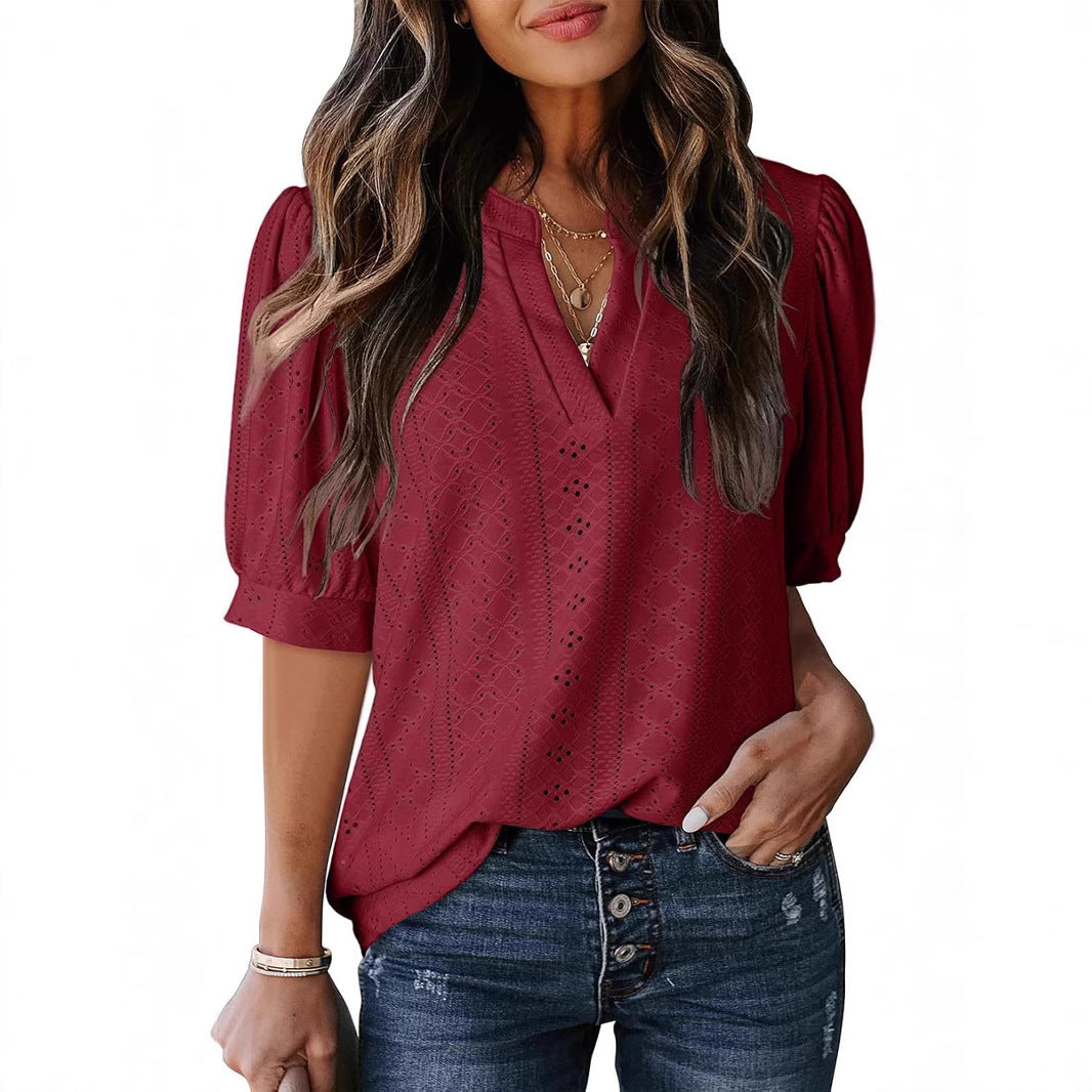 Women's Summer Business Casual Blouse V-neck Short Sleeve Shirt