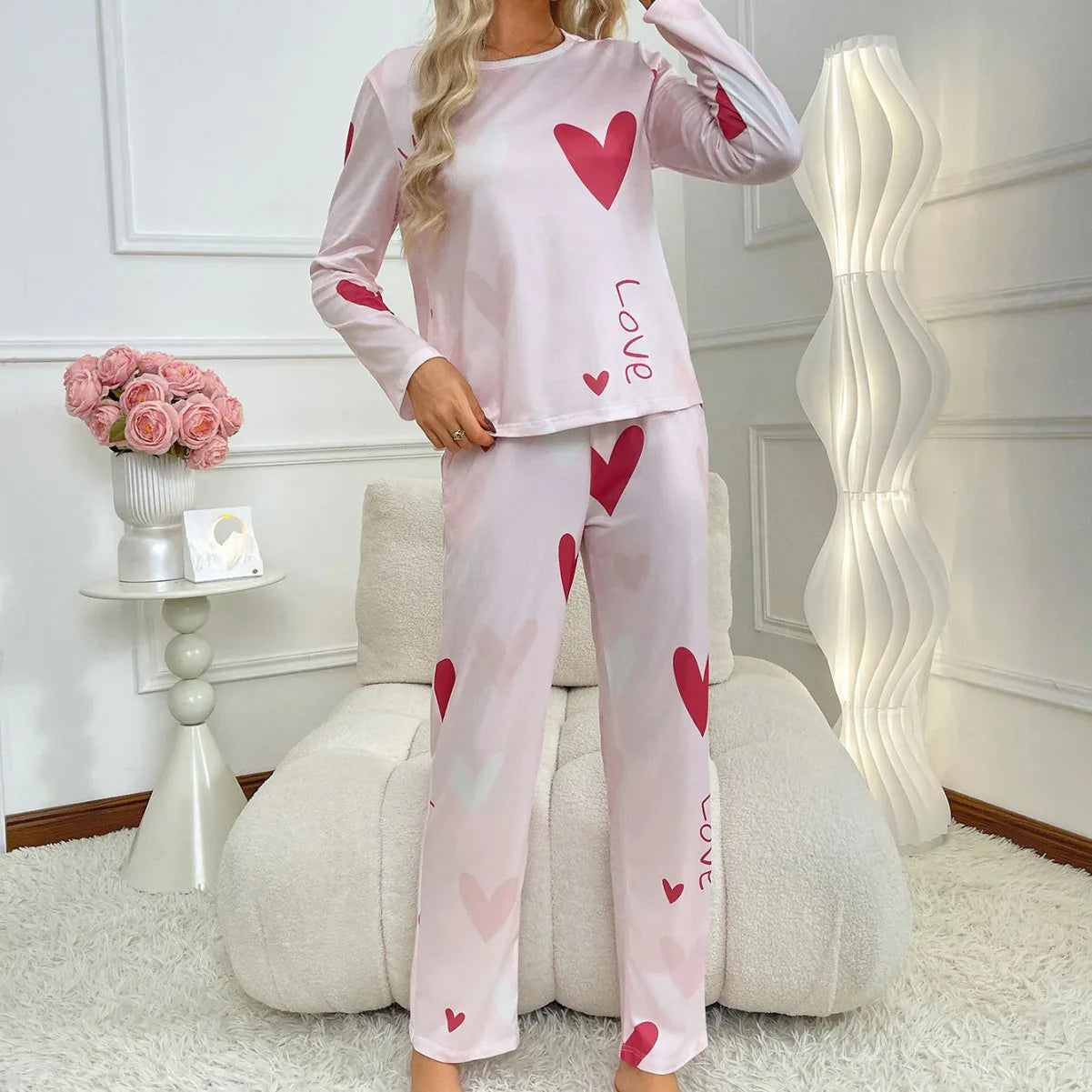 Love Print Long Sleeve Pants Simple Two-piece Set - DanaFashionstore