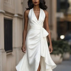Elegant Deep V-neck Irregular Women's Ruffled Ruffled Evening Dress Gowns Solid Color Lace-up High Waist Satin Party Dresses Wedding Guests Dress - DanaFashionstore