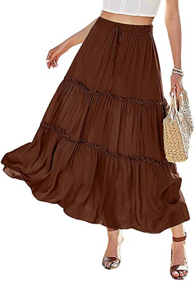 Women's Elastic High Waist A-Line Pleated Casual Maxi Dress
