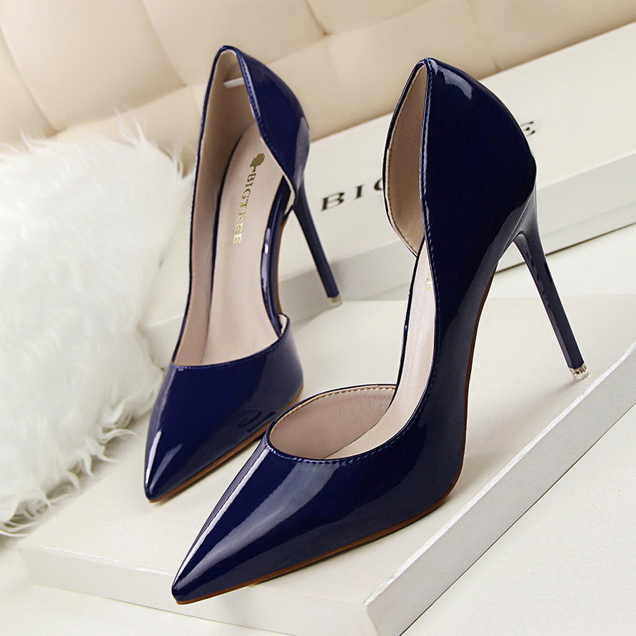 Stiletto patent leather shallow pointed high heels