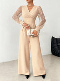 V Neck Defined Waist Sexy Mesh Patchwork Straight Suit For Women