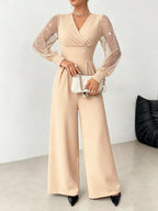 V Neck Defined Waist Sexy Mesh Patchwork Straight Suit For Women