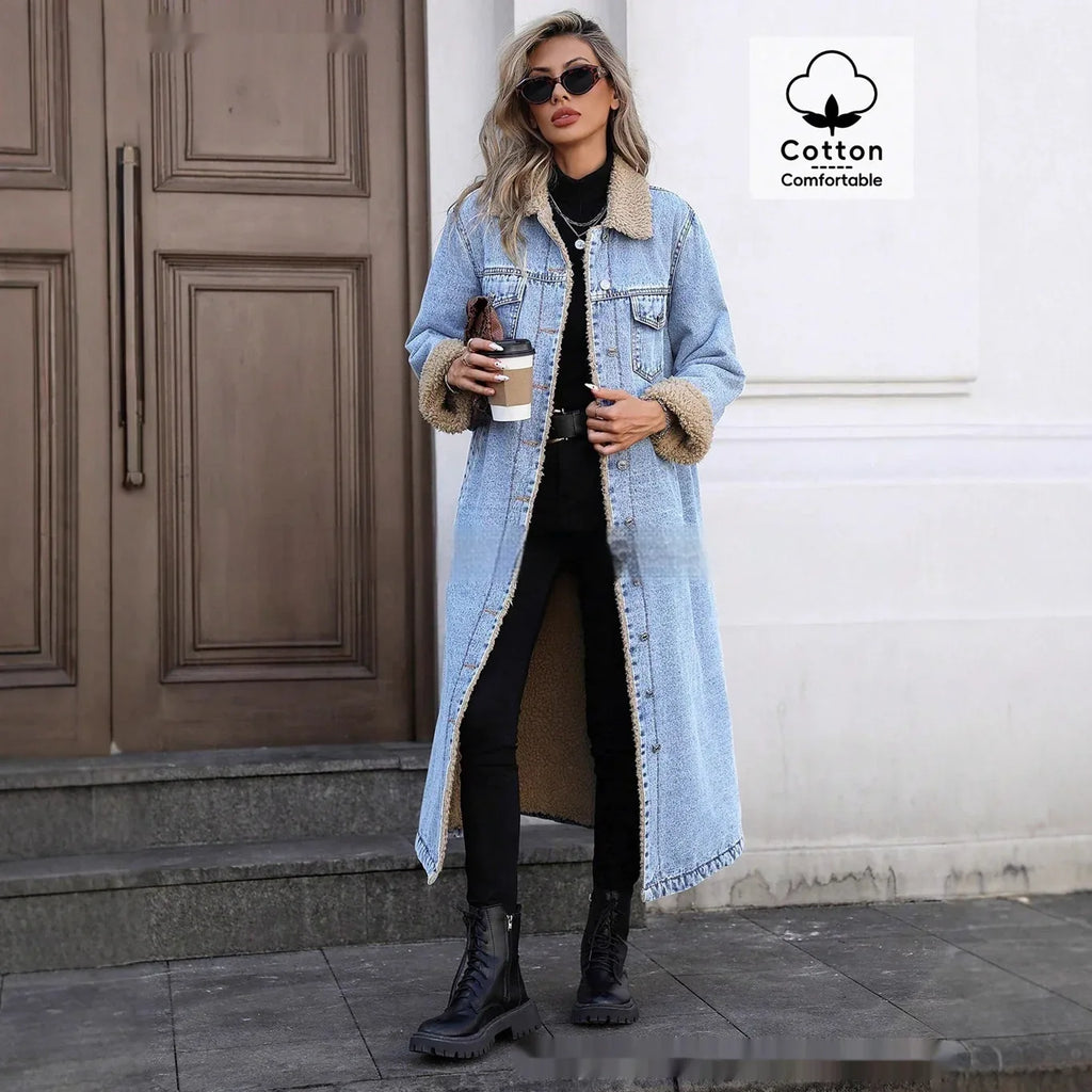 Womens Loose, Long, Fleece-lined Cotton Denim Jacket - DanaFashionstore