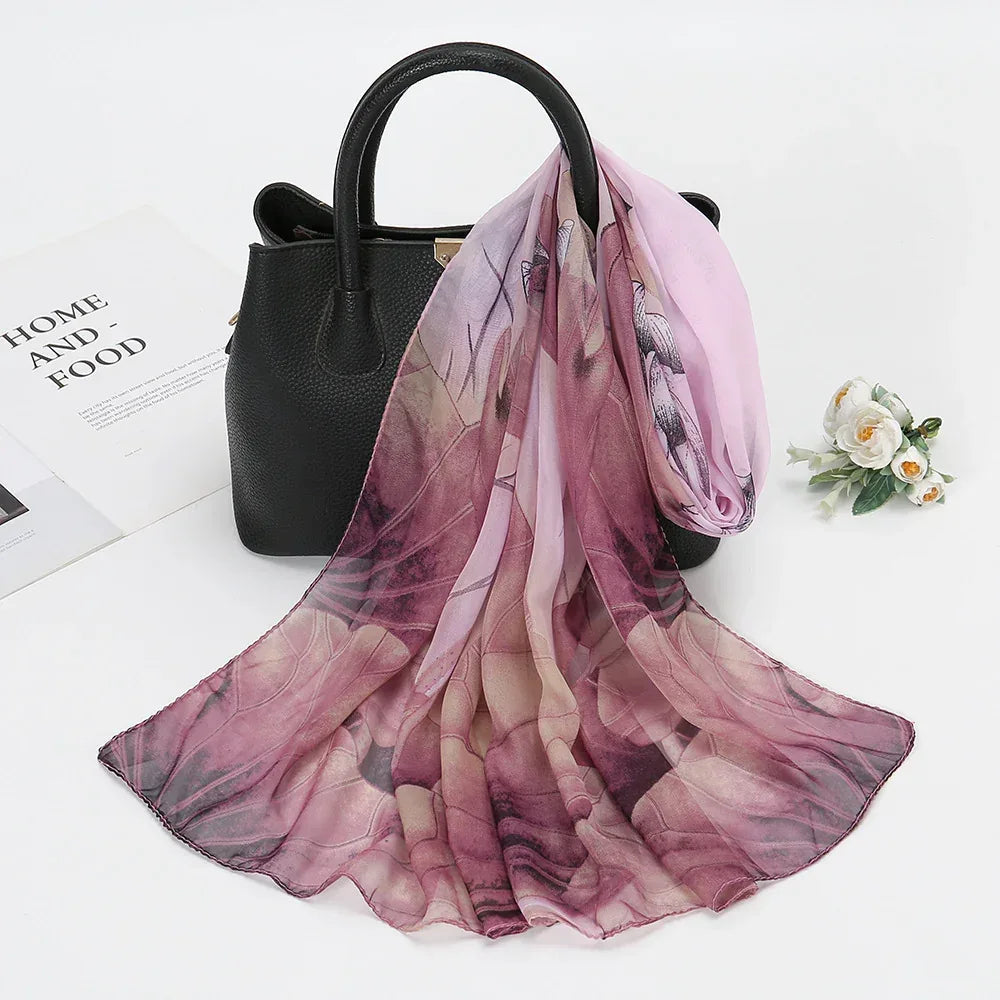 Thin Chiffon Lotus Pond Moonlight Printed Silk Scarf - DanaFashionstore