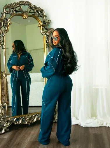 American Hot Girl Contrast-Stitch Zip-Up Jacket & Wide-Leg Pants Set - DanaFashionstore