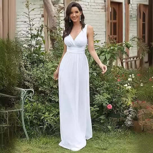 Women's Elegant Graceful Deep V-neck Sleeveless Chiffon Formal Maxi Evening Dress $109.36 Dana Fashion Color: Gray blue Size: US10 Women's clothing Product information: Applicable scenario: Wedding Sleeve type: sleeveless Main fabric composition: Polyeste