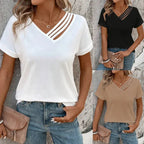 Women's Summer V-neck Slim-fit Short-sleeved Cross Bag Collar Top - DanaFashionstore