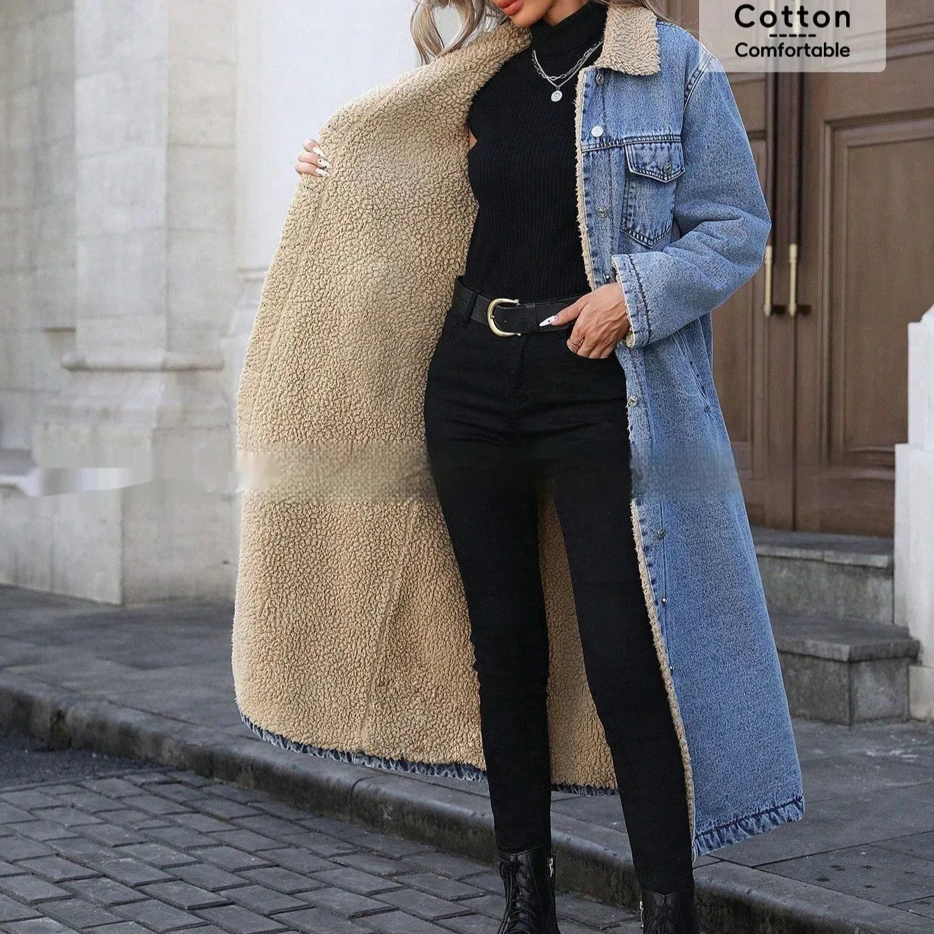 Womens Loose, Long, Fleece-lined Cotton Denim Jacket - DanaFashionstore