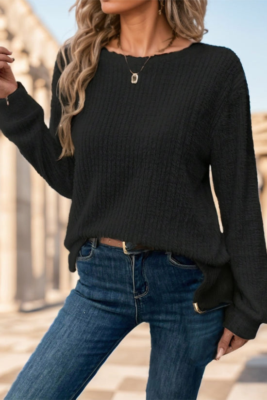 Women Plain Collar Rib Knit Casual Basic T-Shirt Blouse