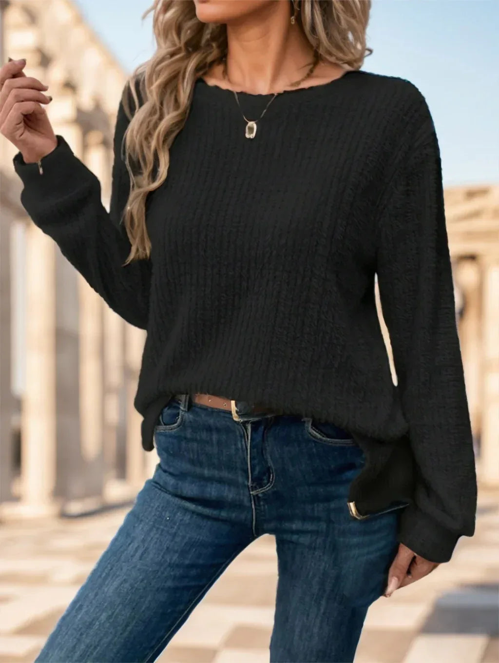 Women Plain Collar Rib Knit Casual Basic T-Shirt Blouse - DanaFashionstore
