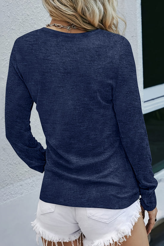 Long Sleeve Geometric-Pattern Ruched Bust Crew Neck T-Shirt