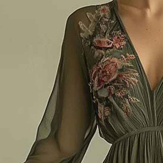 Women's Elegant V-Neck Green Floral Print A-Line Maxi Semi-Sheer Long Sleeve Spring&Summer Dress - Dana Fashion
