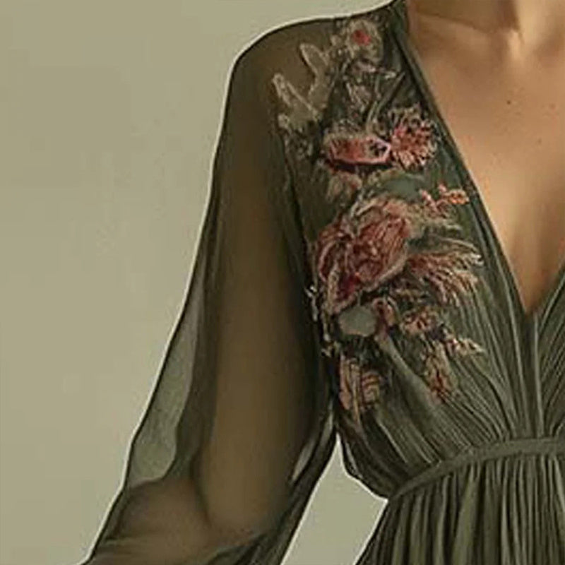 Women's Elegant V-Neck Green Floral Print A-Line Maxi Semi-Sheer Long Sleeve Spring&Summer Dress - Dana Fashion