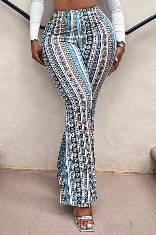 Womens Multi-color Ethnic-style Printed Striped Flared Pants High-waisted Slim-fit And Versatile - DanaFashionstore
