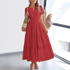 Fashion V-neck Pleated Puff Sleeve Layered Large Swing Dress