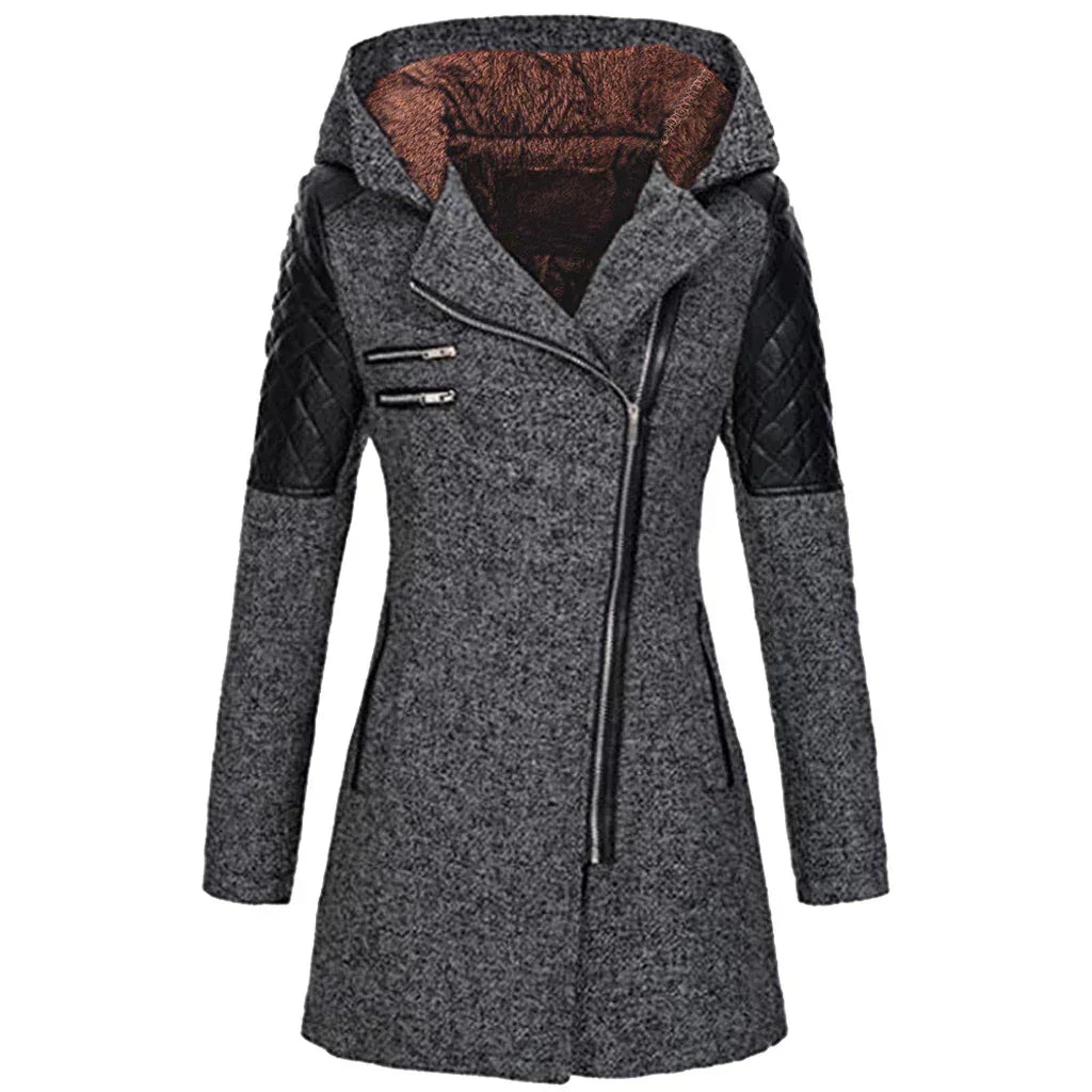 Women Warm Slim Full Zipper Coat Thick Woolen Coat Female Fall Winter Windbreaker Hooded Diagonal Zipper Women's Clothing - DanaFashionstore