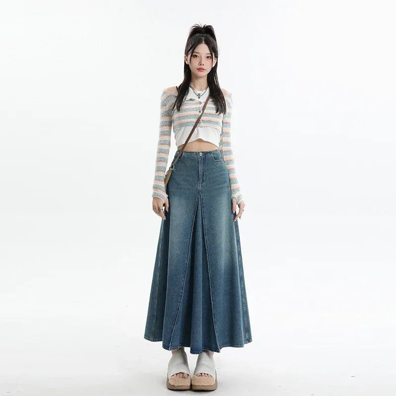 American Style Retro Big Swing Denim Spring New High Waist A- Line Slimming Mid-length Skirt - DanaFashionstore