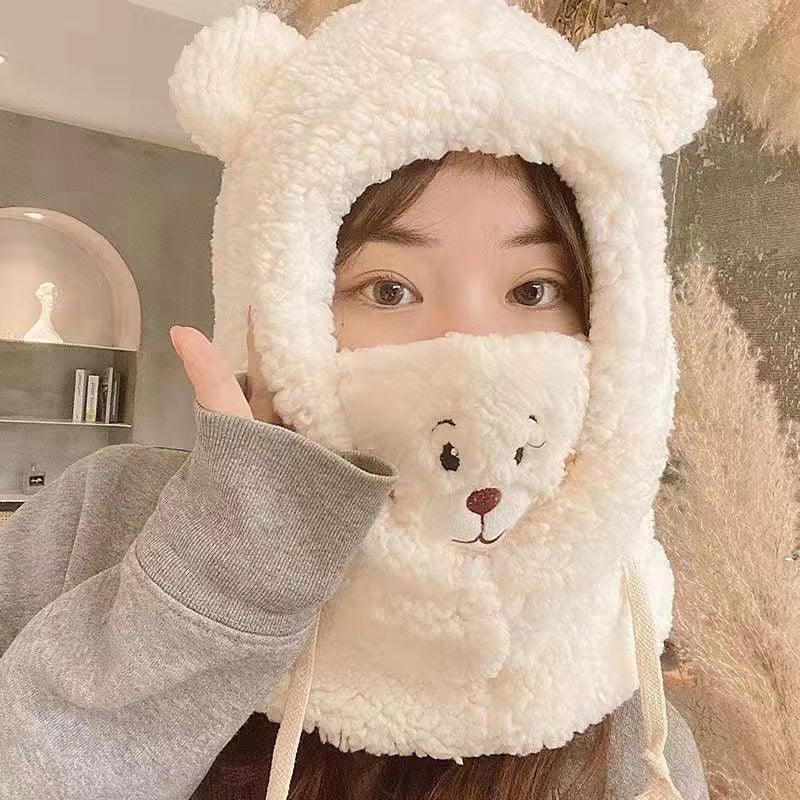 Cute Bear Plush Hat Winter Warm Thickened Scarf With Mask Anf Drawstring Design - DanaFashionstore