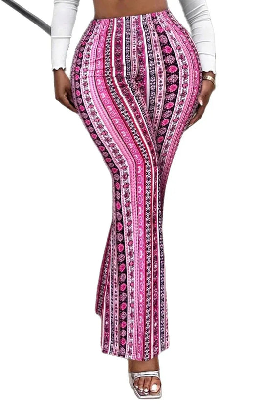 Womens Multi-color Ethnic-style Printed Striped Flared Pants High-waisted Slim-fit And Versatile - DanaFashionstore