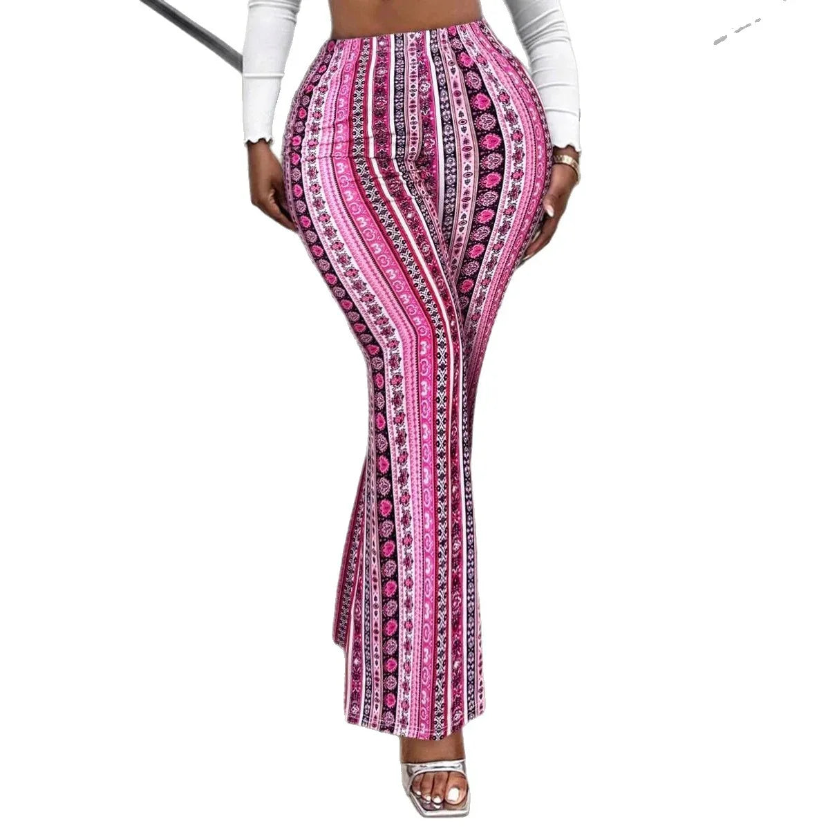 Womens Multi-color Ethnic-style Printed Striped Flared Pants High-waisted Slim-fit And Versatile - DanaFashionstore