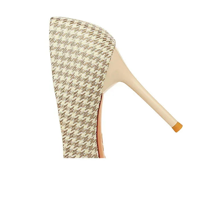 Shallow Mouth Pointed Pearl Chain Plaid Women's Single Shoes - DanaFashionstore