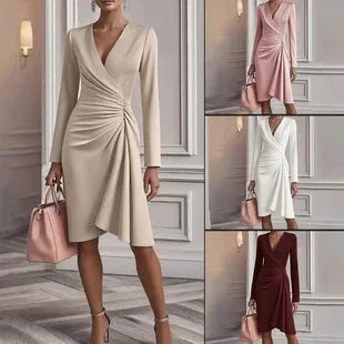 Solid Color Slim-fit Long Sleeve V-pleated Design Dress - DanaFashionstore