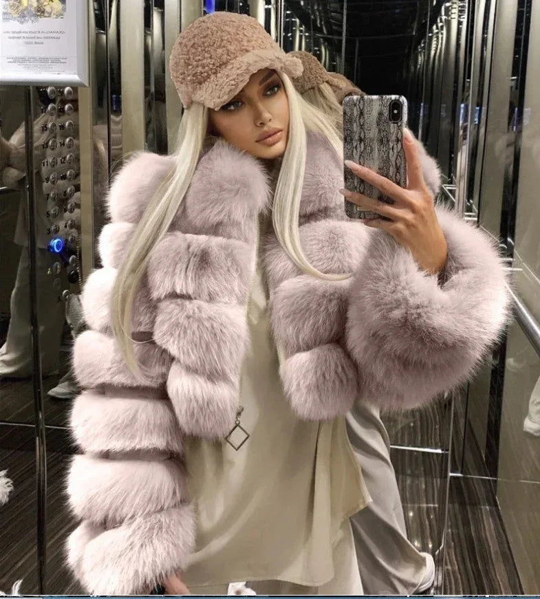 Women's Fur Coat Fox Fur Stitching Short Lapel Long Sleeve Coat - DanaFashionstore