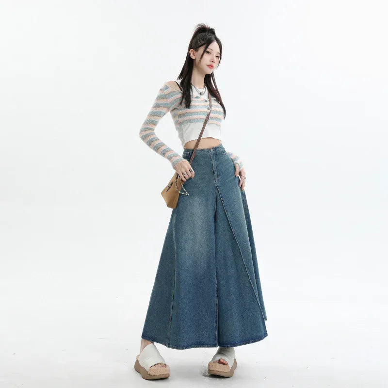 American Style Retro Big Swing Denim Spring New High Waist A- Line Slimming Mid-length Skirt - DanaFashionstore