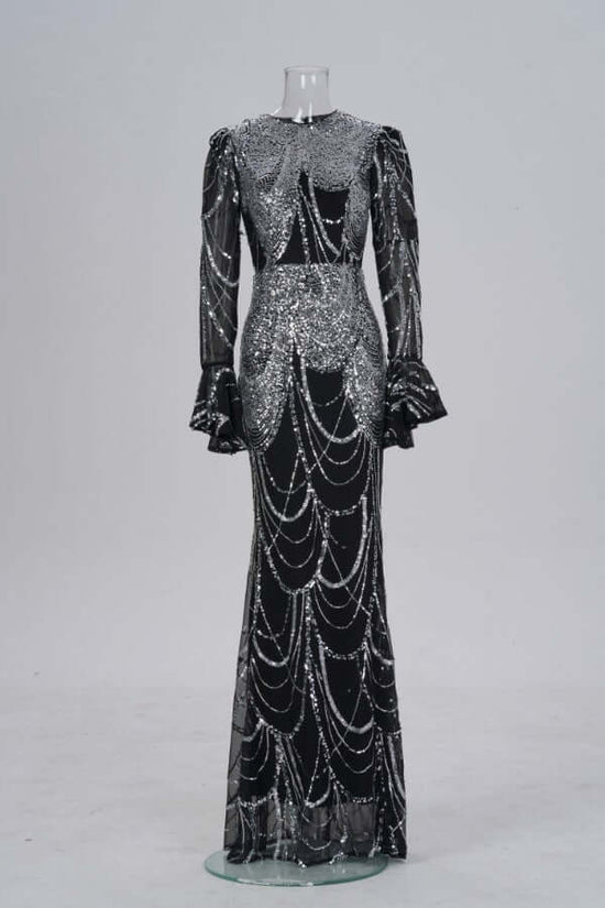 Long Sleeve Round Neck Slim-fit Sheath Sequined Banquet Fishtail Evening Dress $132.98 Dana Fashion Color: Black And Silver Size: L Women's clothing Product information: Pattern: solid color Skirt type: hip skirt Color: Black Silver Waist type: high waist