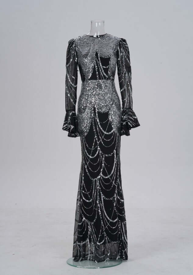 Long Sleeve Round Neck Slim-fit Sheath Sequined Banquet Fishtail Evening Dress $132.98 Dana Fashion Color: Black And Silver Size: L Women's clothing Product information: Pattern: solid color Skirt type: hip skirt Color: Black Silver Waist type: high waist