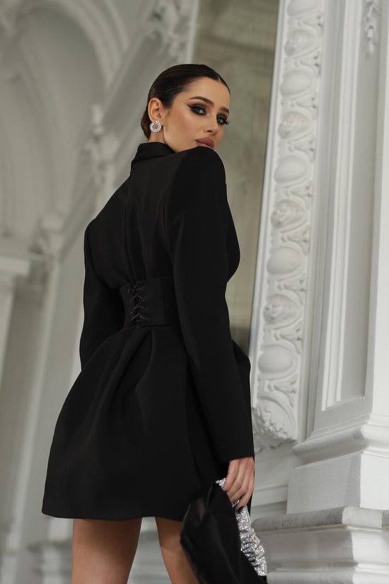 Black Long Sleeve Belted Mini Blazer Dress