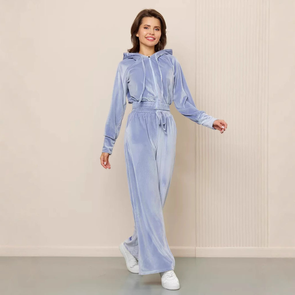 Women's European And American Fashion Casual Solid Color Zipper Cardigan Trousers Suit