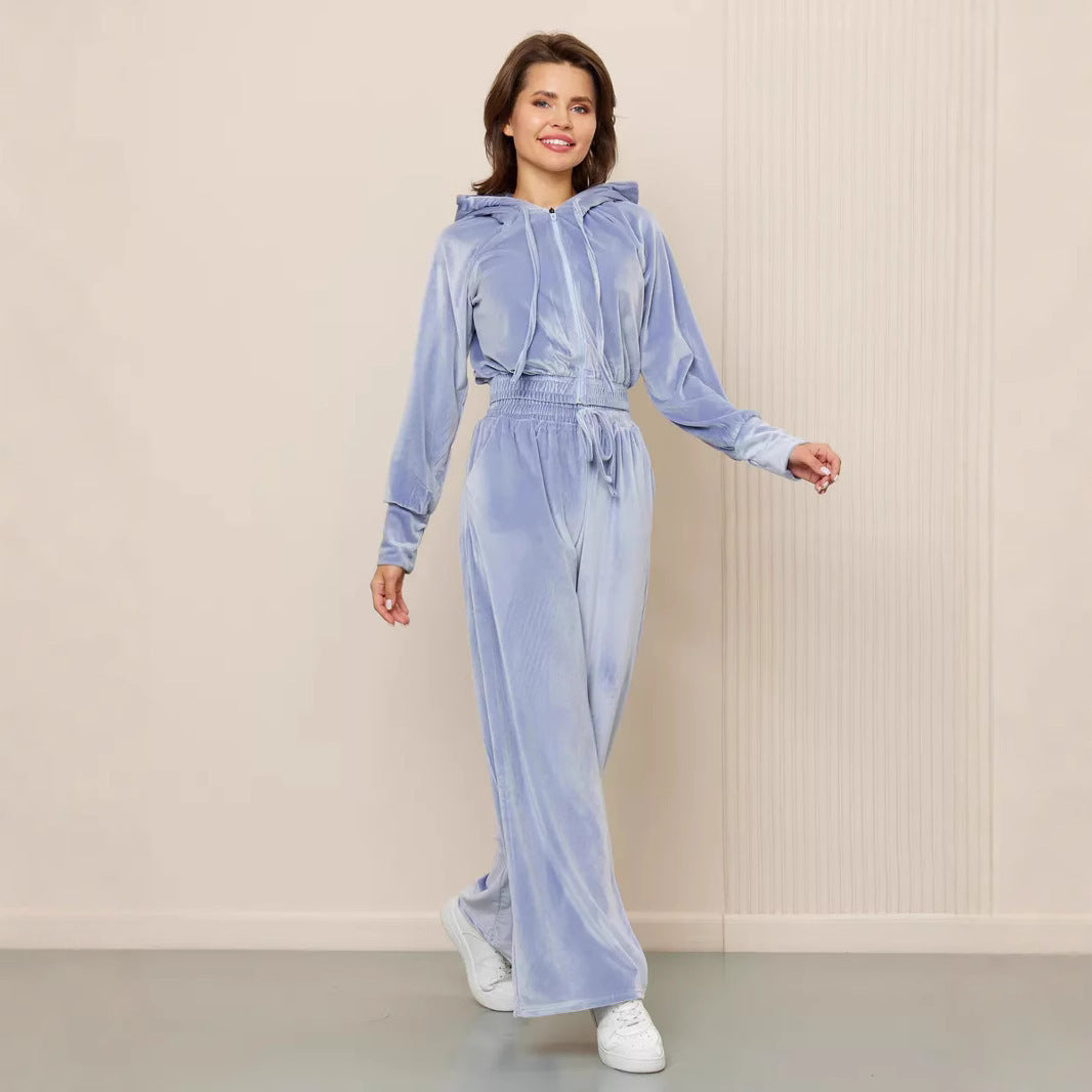 Women's European And American Fashion Casual Solid Color Zipper Cardigan Trousers Suit