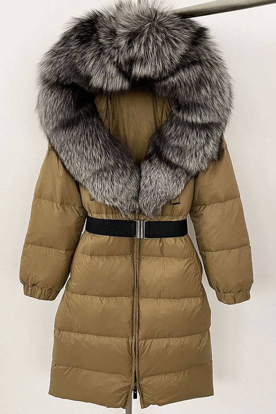 Women's Long Cinched Hoodie Real Fox Fur Collar Coat