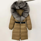 Women's Long Cinched Hoodie Real Fox Fur Collar Coat 2026 - Winter Jacket - DanaFashionstore