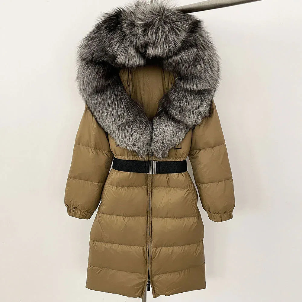 Women's Long Cinched Hoodie Real Fox Fur Collar Coat 2026 - Winter Jacket - DanaFashionstore