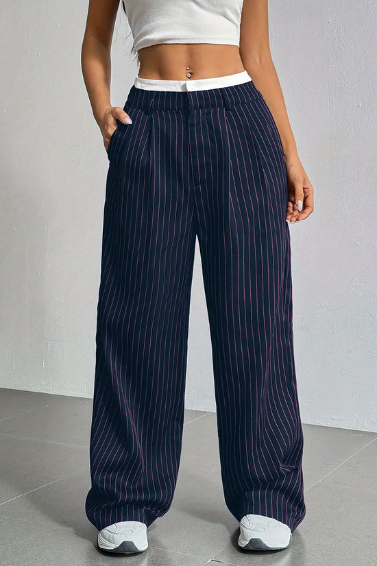 Stripe Printed Trousers Fashion High Waist Straight Leg Pants With Pocket Zipper Casual Suit Pants For Women