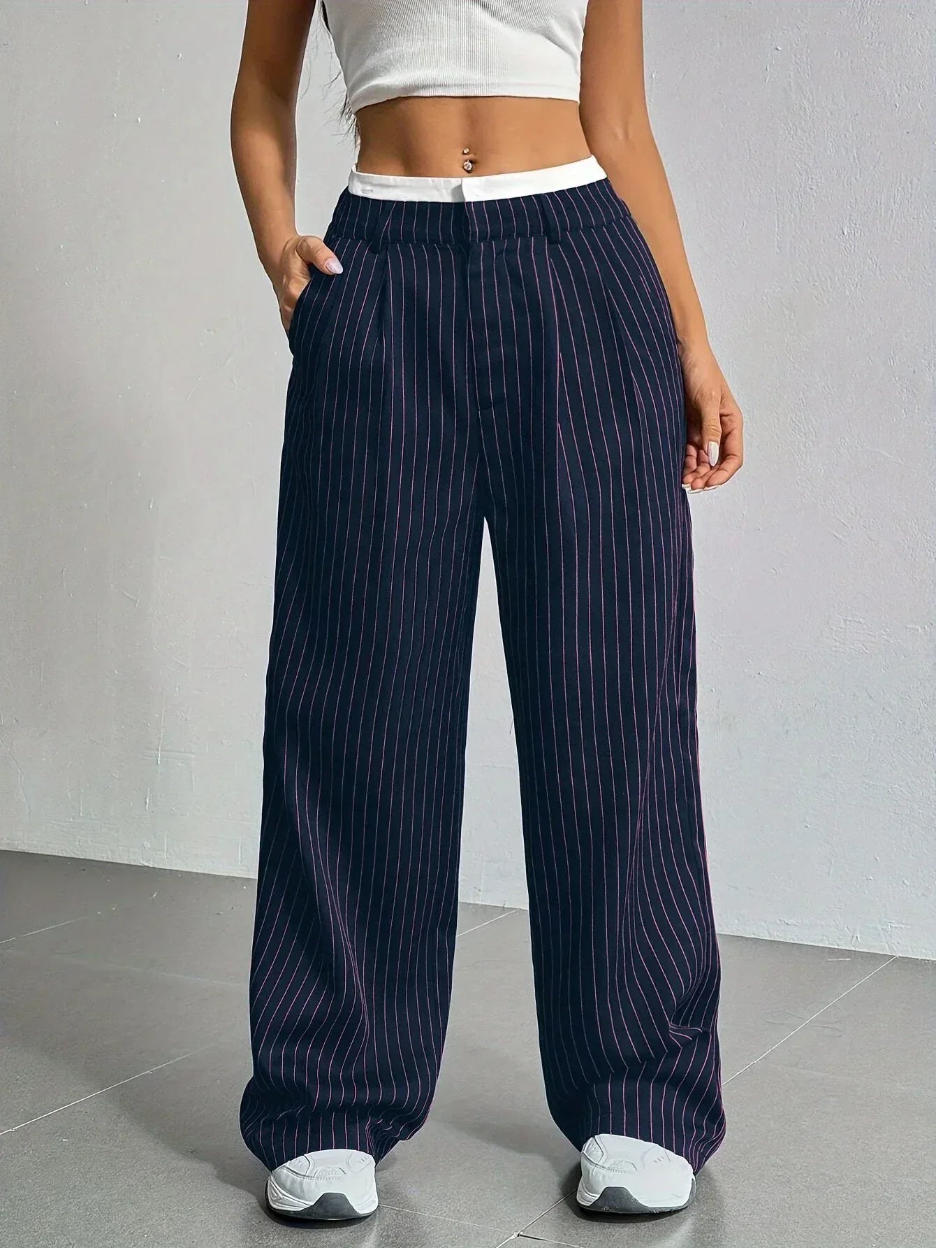 Stripe Printed Trousers Fashion High Waist Straight Leg Pants With Pocket Zipper Casual Suit Pants For Women - DanaFashionstore