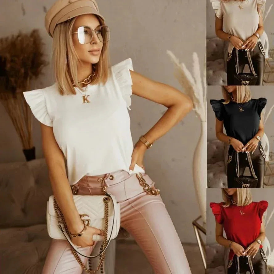 Women's Short-sleeved T-shirt With Ruffled Straps And Hollow Back In Solid Color - DanaFashionstore