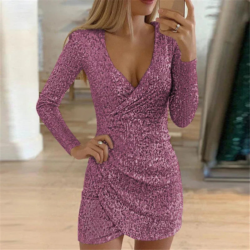 V-Neck Irregular Hem Dress Women 2026 - Long Sleeve Hip Dress - DanaFashionstore