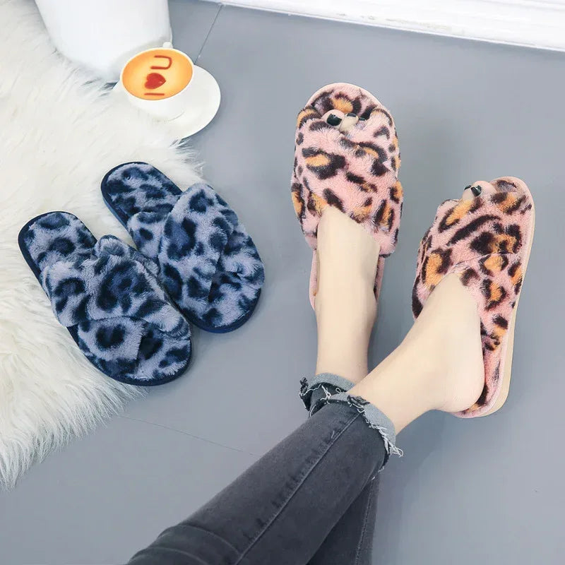 Cross-strap Fuzzy Slippers Leopard Plush House Shoes Flat Bedroom Slippers Slippers For Women - DanaFashionstore