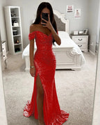Party Sequins Off-neck Split Dress INS Casual Fashion Dress Women Charming Slimming Dress For Women - DanaFashionstore