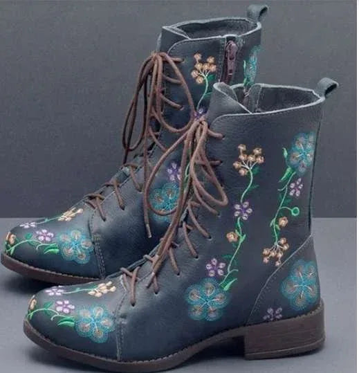 Ladies mid-heel embroidered low boots - DanaFashionstore