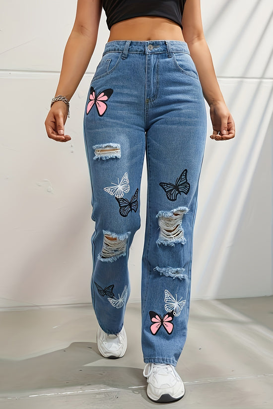 High Waisted Straight Leg Jeans For Women Trendy Butterfly Print Ripped Distressed Denim Pants